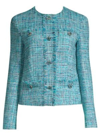 Escada Jeweled-buttons Fitted Tweed Jacket W/ Fringe Trim In Blue