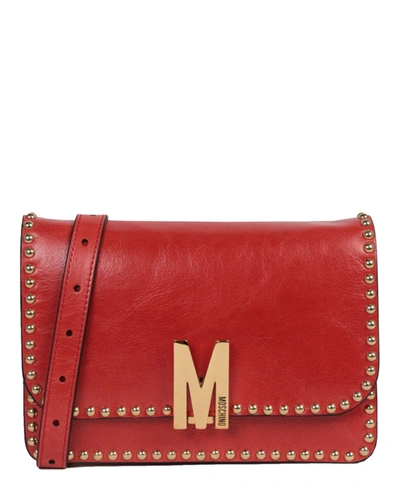 Moschino M Logo Studded Shoulder Bag In Red