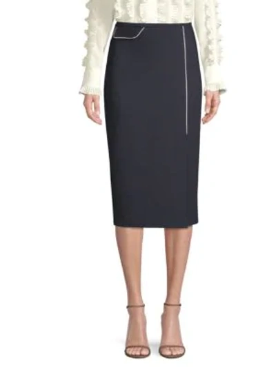 Escada Side-slit Wool-blend Midi Pencil Skirt W/ Contrast Piping In Navy