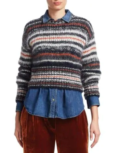 Brunello Cucinelli Crewneck Mohair-striped Cropped Pullover Sweater In Charcoal