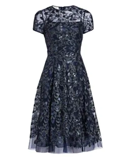 Teri Jon By Rickie Freeman Sequin Tulle Short-sleeve A-line Dress In Navy