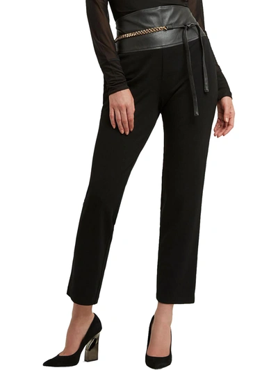 H Halston Womens Faux Leather Trim Belted Straight Leg Pants In Black