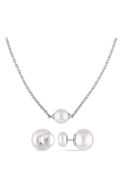 Delmar Sterling Silver 9–9.5 Cultured Freshwater Pearl Stud Earrings & Pendant Necklace Set In White