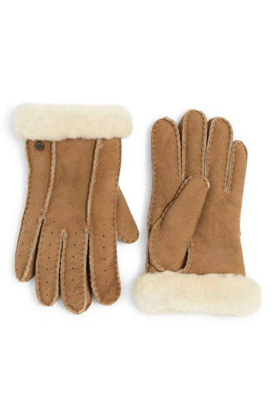 Ugg Perforated Genuine Shearling Suede Gloves In Chestnut