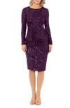 Xscape Long Sleeve Sequin Cocktail Dress In Mulberry