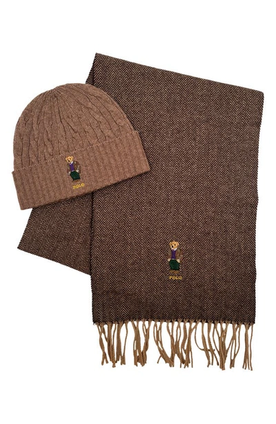 Polo Ralph Lauren Men's Gents Bear Boxed Hat And Scarf Gift Set, 2 Piece In Camel,brown