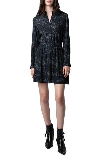 Zadig & Voltaire Refla Manifesto Print Long Sleeve Crepe Minidress In Noir