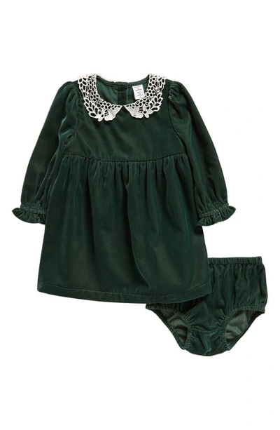 Nordstrom Babies' Matching Family Moments Lace Collar Long Sleeve Velvet Dress & Bloomers Set In Green Pinecone
