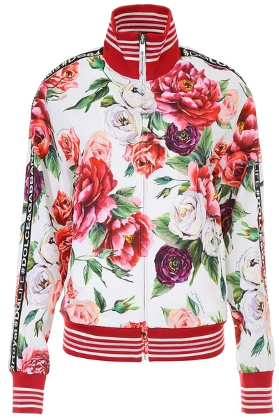 Dolce & Gabbana Peonie Print Zipped Sweatshirt In Cream