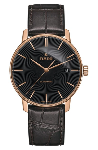 Rado Coupole Classic Automatic Leather Strap Watch, 38mm In Grey/ Black/ Rose Gold