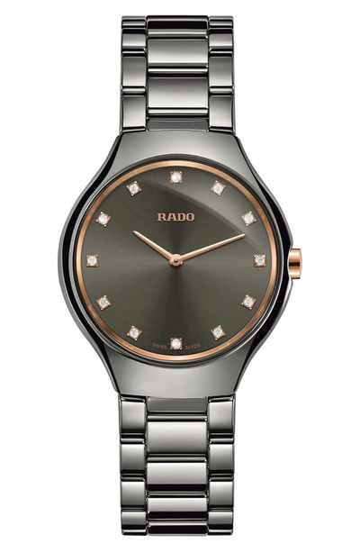 Rado True Thinline Diamond Ceramic Bracelet Watch, 30mm In Silver/ Grey/ Silver