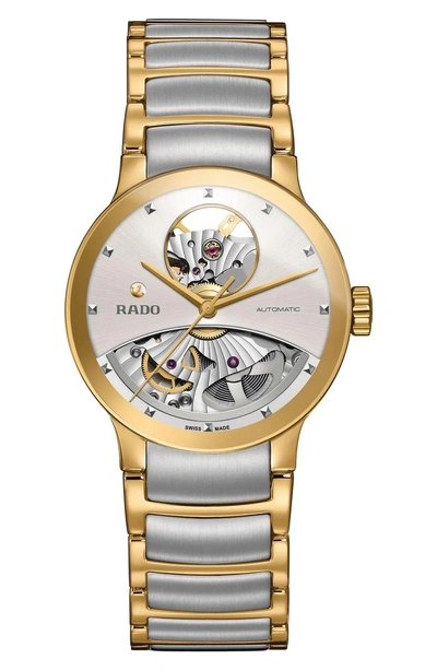 Rado Centrix Automatic Open Heart Bracelet Watch, 33mm In Silver/ Rose Gold