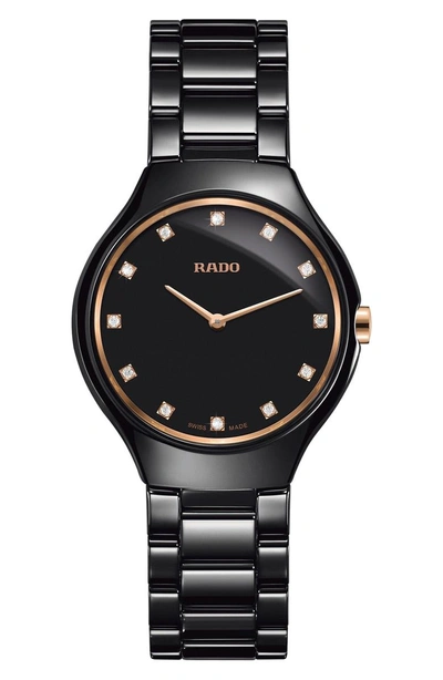 Rado True Thinline Diamond Ceramic Bracelet Watch, 30mm In Black