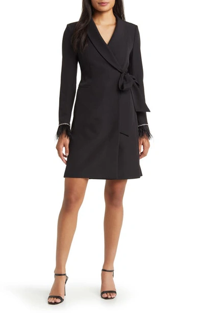 Tahari Asl Feather Cuff Long Sleeve Wrap Blazer Dress In Black