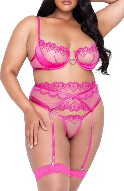 Roma Confidential Bubblegum Heart Bra, Garter Belt & G-string Set In Pink
