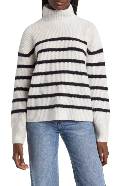 Nordstrom Stripe Cashmere Mock Neck Sweater In Ivory Sand- Black Stripe