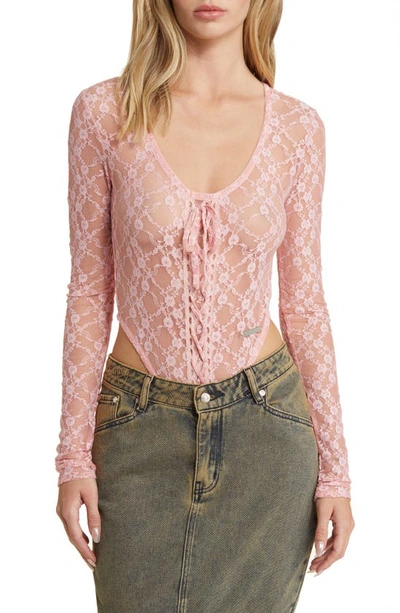 House Of Sunny Love Lace Long Sleeve Bodysuit In Blush