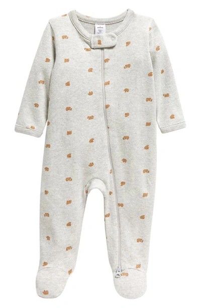 Nordstrom Print Zip Cotton Footie In Grey Heather Bears
