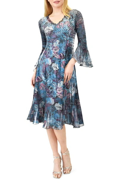 Komarov Bell Sleeve Charmeuse & Chiffon A-line Dress In Pandora