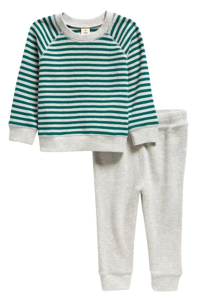 Tucker + Tate Babies' Long Sleeve Waffle Knit Cotton Top & Joggers Set In Green Evergreen Stripe- Grey