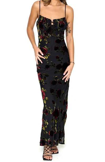 Rare London Devore Floral Tie Front Chiffon Maxi Dress In Black