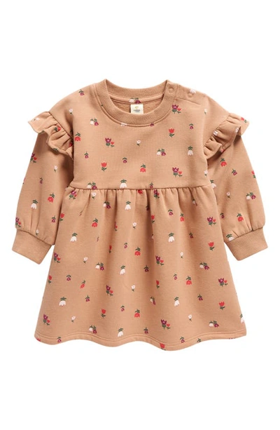 Tucker + Tate Babies' Floral Ruffle Long Sleeve Cotton Blend Sweatshirt Dress In Tan Tawny Astrid Floral