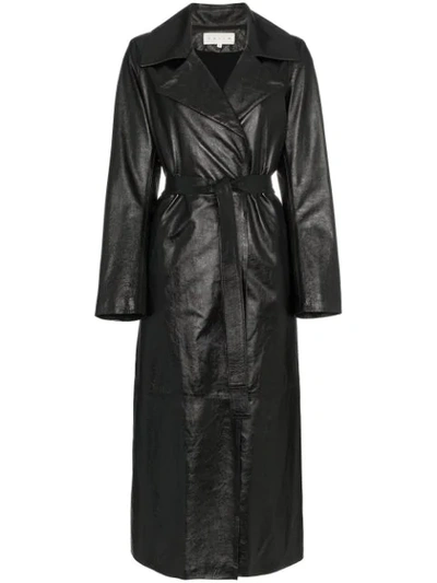 Skiim Tie-waist Patent Lambskin Leather Long Trench Coat In Black