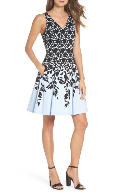 Maggy London Print Fit & Flare Dress In Sky Blue/ Black