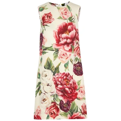 Dolce & Gabbana Floral-print Wool Crepe Dress In White