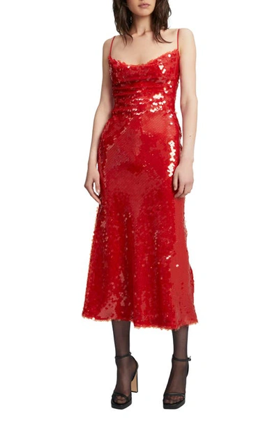 Bardot Karina Sequin Cowl Neck Midi Dress In Fire Red