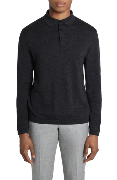 Jack Victor Redfern Long Sleeve Wool Blend Polo Sweater In Charcoal