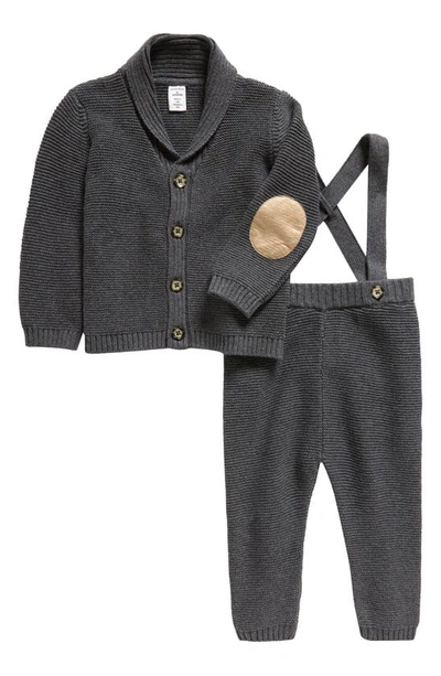Nordstrom Babies' Knit Cotton Cardigan & Suspender Pants Set In Grey Medium Charcoal Heather