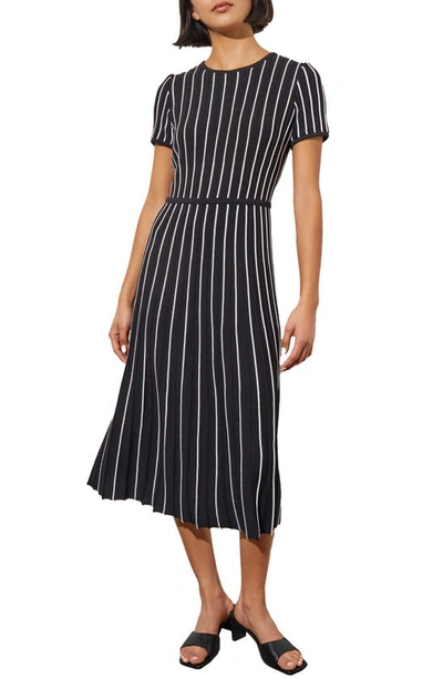 Ming Wang Stripe A-line Midi Sweater Dress In Black/ White