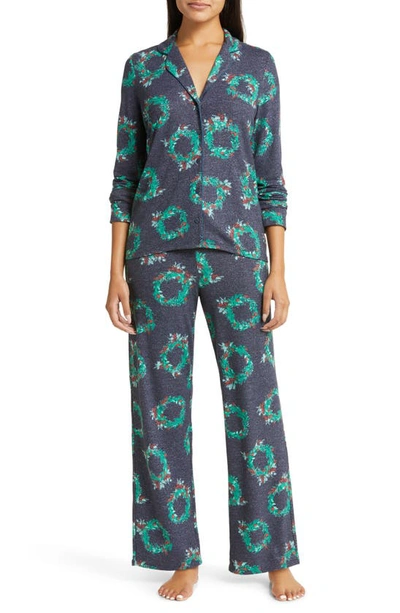 Nordstrom Brushed Hacci Pajamas In Navy Peacoat Merry Wreaths
