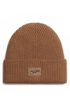 Rag & Bone Blake Logo Patch Wool Blend Rib Beanie In Toffee