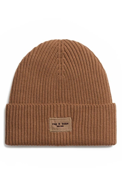 Rag & Bone Blake Logo Patch Wool Blend Rib Beanie In Toffee