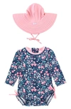 Rufflebutts Babies' Moonlit Meadow One-piece Rashguard Swimsuit & Hat Set In Navy & Pink Floral