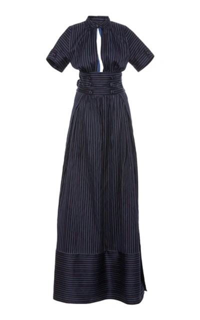 Rosie Assoulin Cutout Pinstriped Cotton-blend Maxi Shirt Dress In Navy