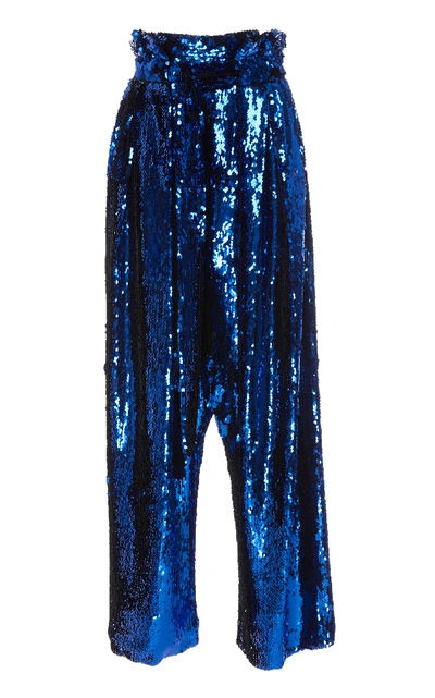 Sally Lapointe Stretch Sequin Pleated Culotte In Blue