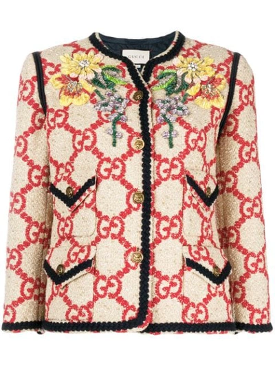 Gucci Embroidered Jacket In Beige/red
