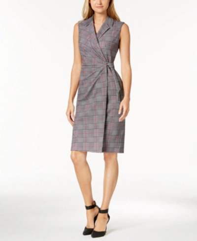 Calvin Klein Houndstooth Faux-wrap Dress In Fire Multi