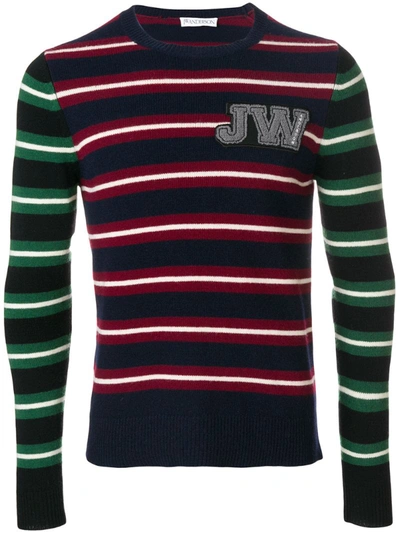 Jw Anderson Logo Patch Striped Wool Sweater In Blue,green,red