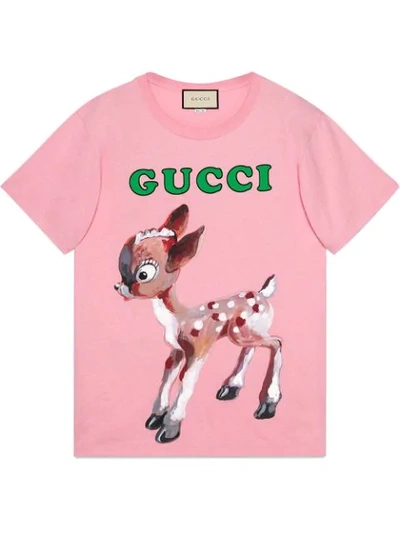 Gucci Fawn And Floral-print Cotton T-shirt In Pink