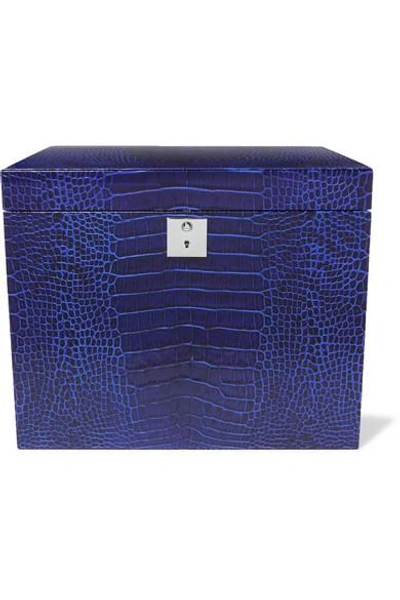 Smythson Mara Croc-effect Leather Jewelry Box In Cobalt Blue