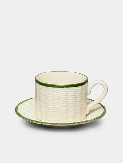 Este Ceramiche Wicker Hand-painted Teacups With Saucers (set Of 4) In Green