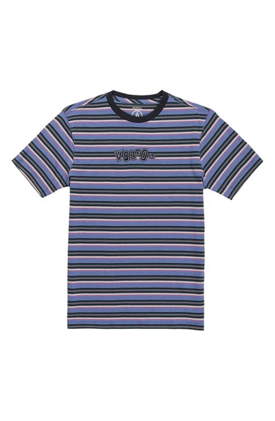 Volcom Kids' Embroidered Logo Stripe Cotton T-shirt In Denim