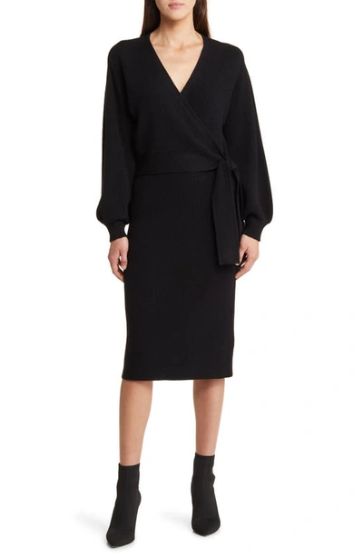 Charles Henry Long Sleeve Faux Wrap Sweater Dress In Black