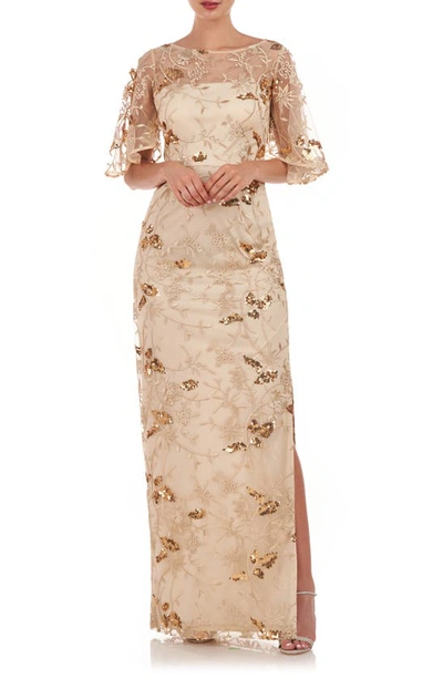 Js Collections Daphne Embroidered Sequin Column Gown In Gold