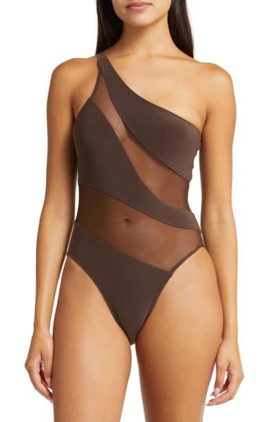 Norma Kamali Snake Mesh One-shoulder Swimsuit In Chocolate