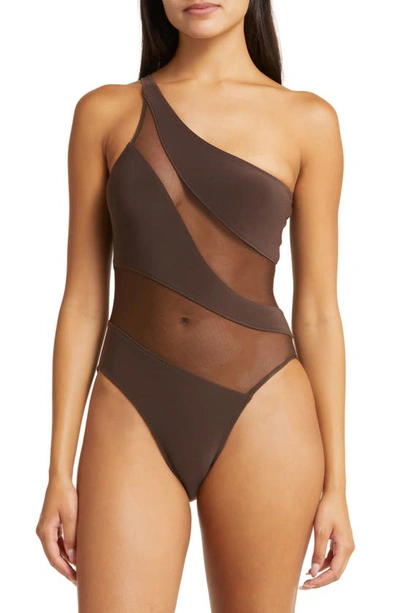 Norma Kamali Snake Mesh One-shoulder Swimsuit In Chocolate Mesh